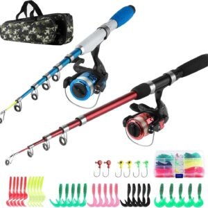 2 Collapsible Fishing Rod Reel Combo Kit with Tackle Bag Accessories