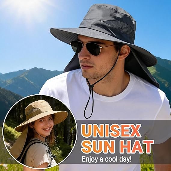 3 Wide Brim Sun Hat with Neck Flap UV Protection Outdoor Cap
