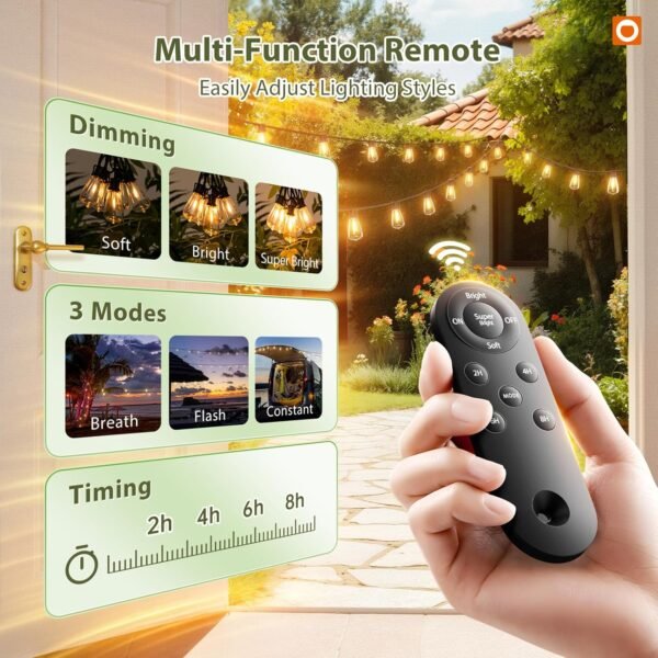 52FT Waterproof Solar String Lights LED Outdoor Patio Dimmable Remote USB Camping Lights