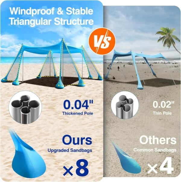 Beach Tent 10x10 FT UPF50+ Windproof Sun Shelter Outdoor Canopy with Sandbags Sky Blue