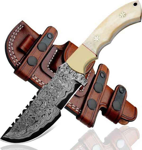 3 Handmade Damascus Fixed Blade Hunting Knife with Leather Sheath Outdoor