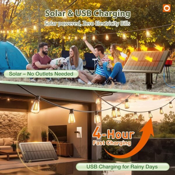 52FT Waterproof Solar String Lights LED Outdoor Patio Dimmable Remote USB Camping Lights