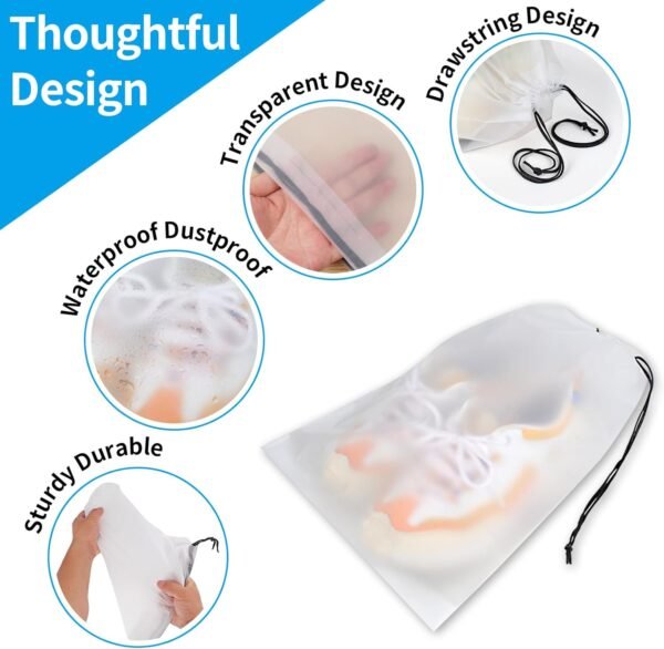 Waterproof Drawstring Shoe Bags for Travel Storage Packing Organizer Set 5 Pack Clear