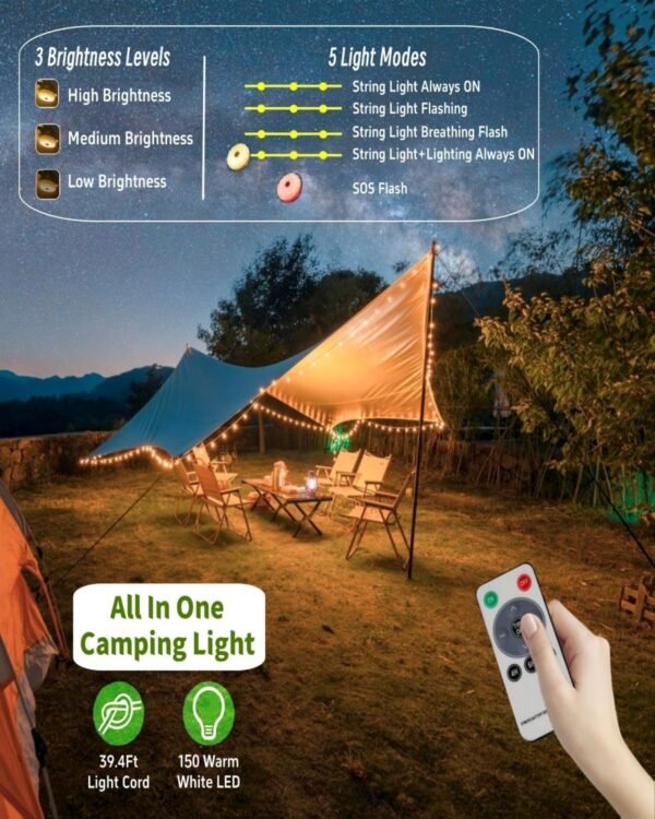 Solar Camping String Lights 39.4FT Fairy Lantern Waterproof Rechargeable LED Tent Light Outdoor