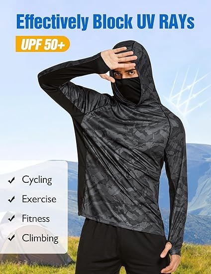5 Men Hooded UPF50 Sun Protection Fishing Shirt Long Sleeve Rash Guard Cooling