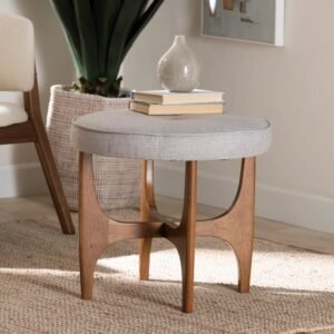 Round Upholstered Accent Stool with Wooden Frame and Padded Seat