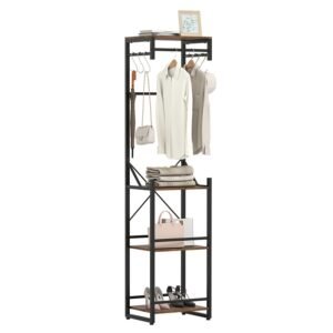 Slim Freestanding Coat Rack with Shelves, Hooks and Hanging Rods