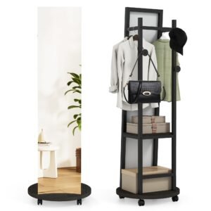 Coat Rack with Full-Length Mirror, Hooks, Shelves and Wheels
