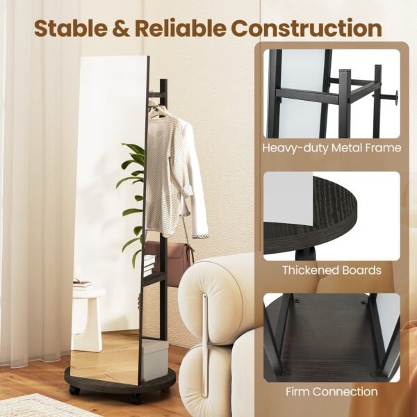 Coat Rack with Full-Length Mirror, Hooks, Shelves and Wheels