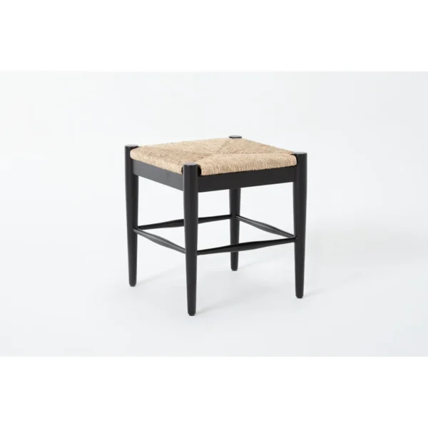 Woven Natural Fiber Accent Stool with Black Wooden Frame Seating