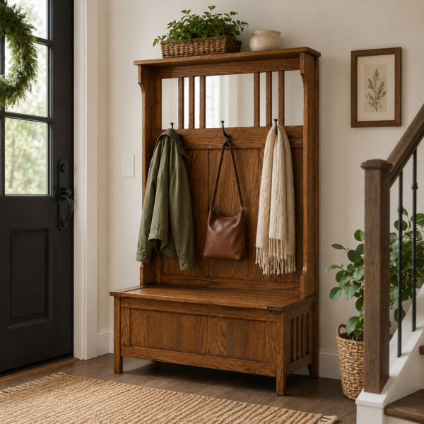 Mission Hall Bench with Storage, Hooks and Soft-Close Lid