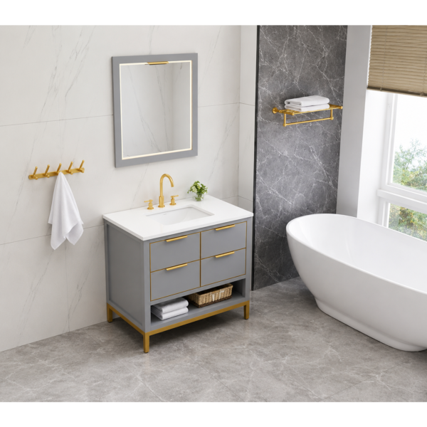 12 Grey Bathroom Vanity Cabinet with Open Storage and Laundry Space