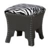 Zebra Print Fabric Accent Stool with Brown Faux Leather Upholstery