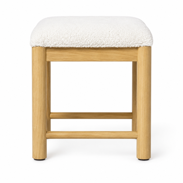 White Boucle Upholstered Accent Stool with Natural Wooden Frame Seating