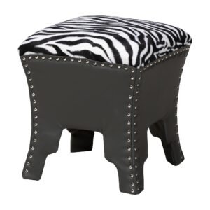 15 Zebra Print Fabric Accent Stool with Brown Faux Leather Upholstery