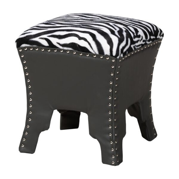 Zebra Print Fabric Accent Stool with Brown Faux Leather Upholstery