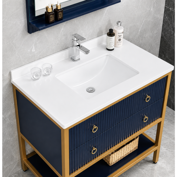 Navy Blue Bathroom Vanity Cabinet with Wave Design PVC Storage