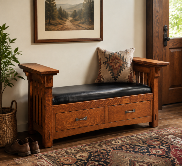 Solid Wood Storage Bench With Leather Seat And Drawers