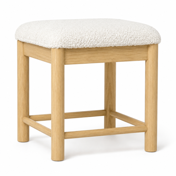 White Boucle Upholstered Accent Stool with Natural Wooden Frame Seating