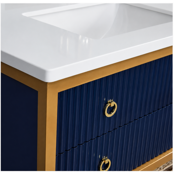 Navy Blue Bathroom Vanity Cabinet with Wave Design PVC Storage