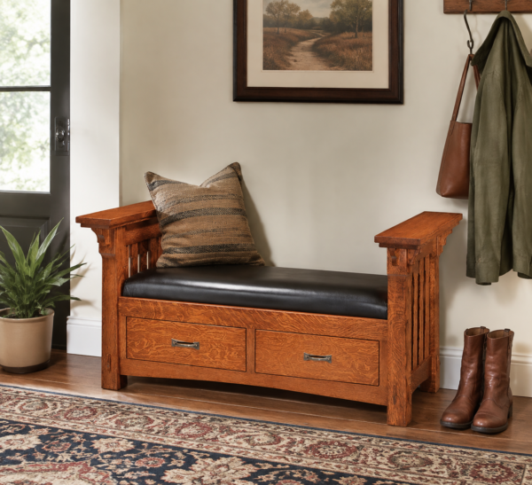 Solid Wood Storage Bench With Leather Seat And Drawers