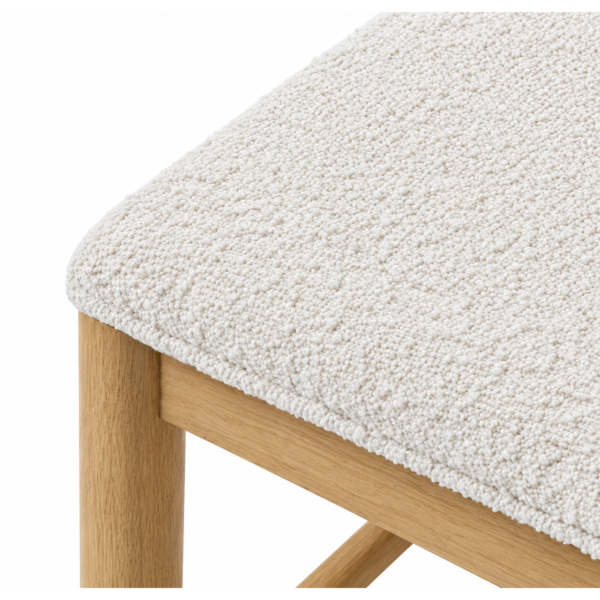 White Boucle Upholstered Accent Stool with Natural Wooden Frame Seating