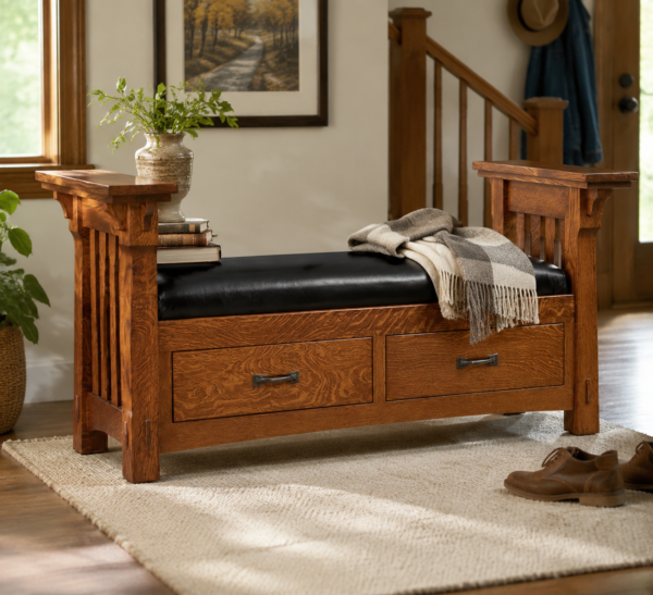 Solid Wood Storage Bench With Leather Seat And Drawers