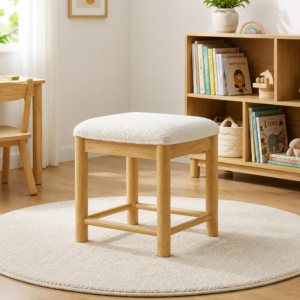 White Boucle Upholstered Accent Stool with Natural Wooden Frame Seating
