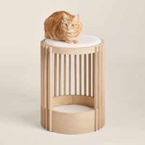 Modern Mid-Century Cat Tower with Two Levels and Shearling Beds