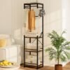 Slim Freestanding Coat Rack with Shelves, Hooks and Hanging Rods