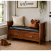 Solid Wood Storage Bench With Leather Seat For Entryway