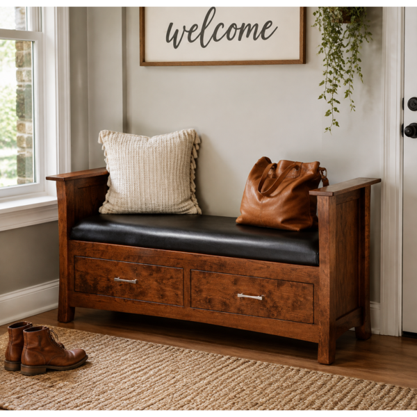 Solid Wood Storage Bench With Leather Seat For Entryway