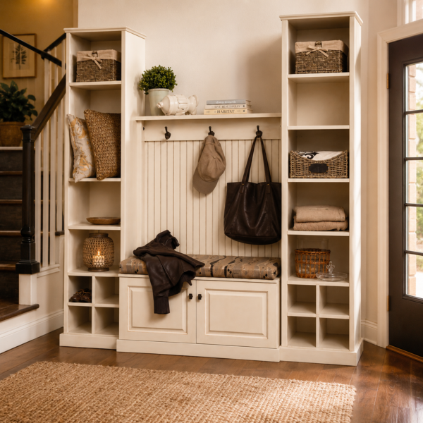Carolina Style Hall Seat with Storage Shelves and Bench