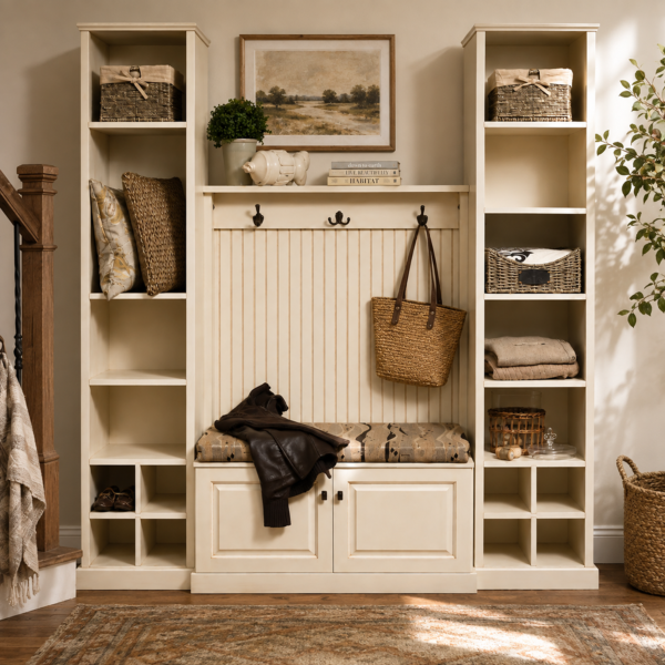 Carolina Style Hall Seat with Storage Shelves and Bench