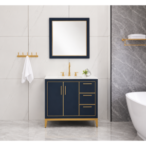 Modern Blue Bathroom Vanity Cabinet with Golden Legs and Storage