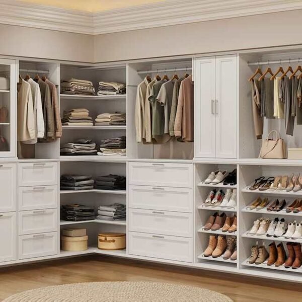 Corner Closet Tower with Adjustable Shelves and White Finish