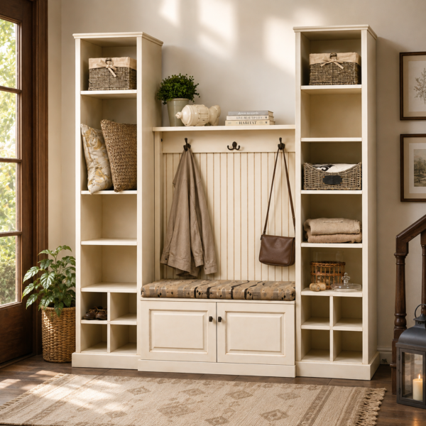 Carolina Style Hall Seat with Storage Shelves and Bench