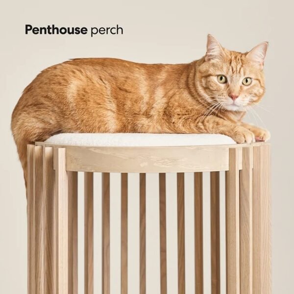 Modern Mid-Century Cat Tower with Two Levels and Shearling Beds