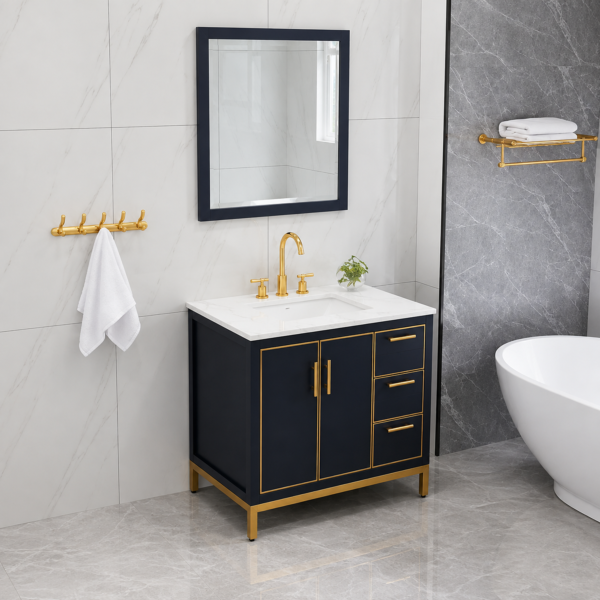 Modern Blue Bathroom Vanity Cabinet with Golden Legs and Storage