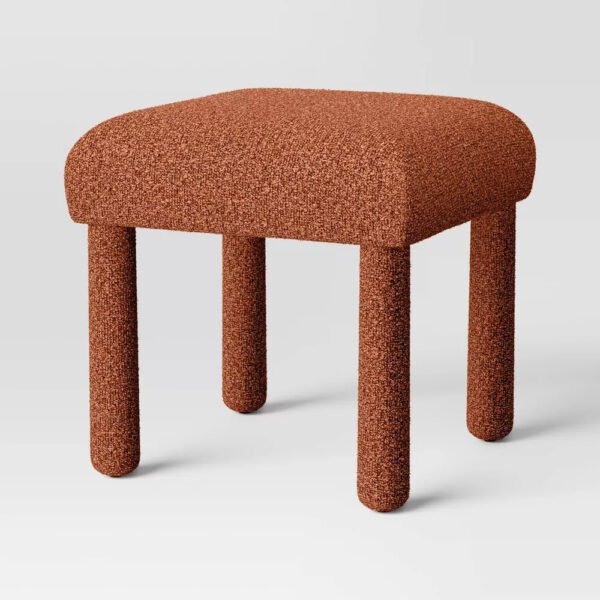 23 Rust Boucle Upholstered Square Stool Ottoman with Wooden Frame Seating