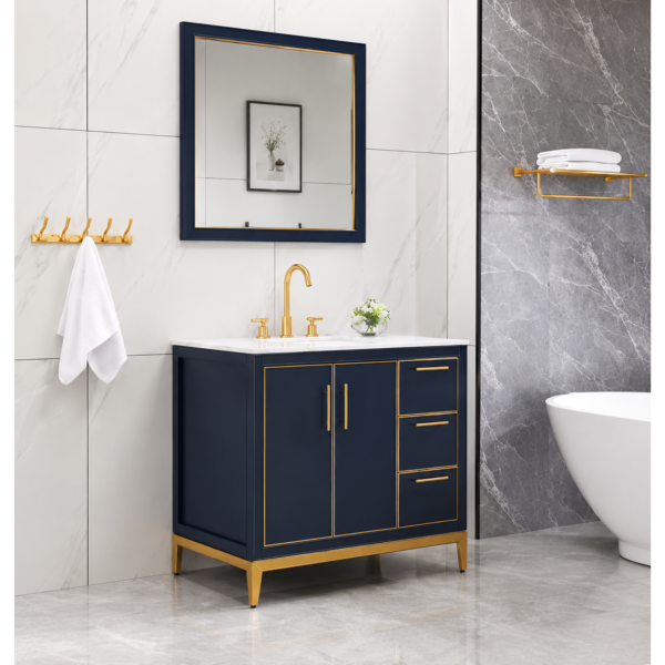 Modern Blue Bathroom Vanity Cabinet with Golden Legs and Storage