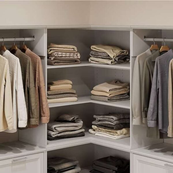 Corner Closet Tower with Adjustable Shelves and White Finish