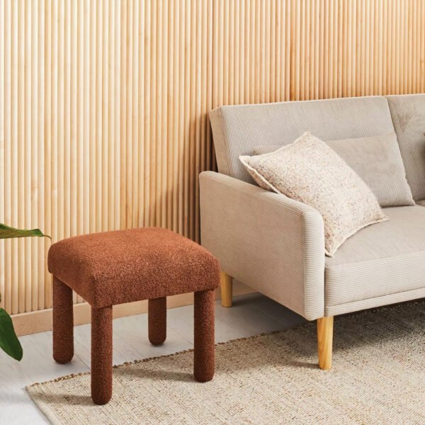 24 Rust Boucle Upholstered Square Stool Ottoman with Wooden Frame Seating