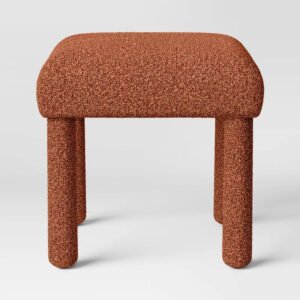 25 Rust Boucle Upholstered Square Stool Ottoman with Wooden Frame Seating