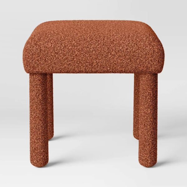 25 Rust Boucle Upholstered Square Stool Ottoman with Wooden Frame Seating