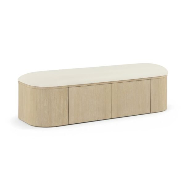 Modern Curved Storage Bench With Upholstered Seat And Cabinets
