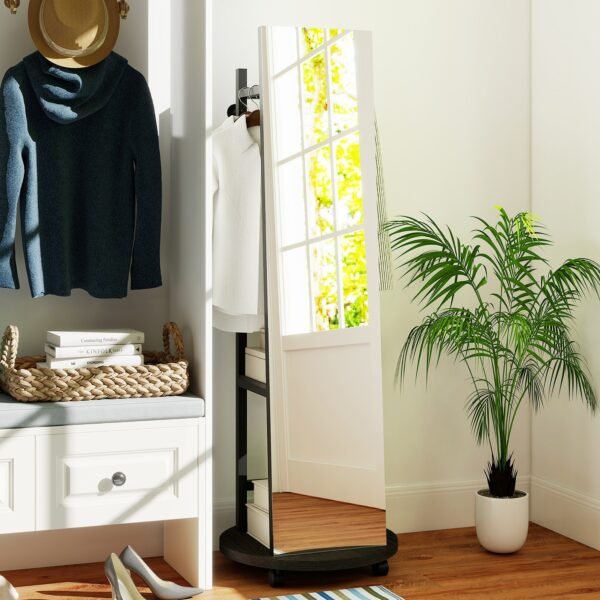 Coat Rack with Full-Length Mirror, Hooks, Shelves and Wheels