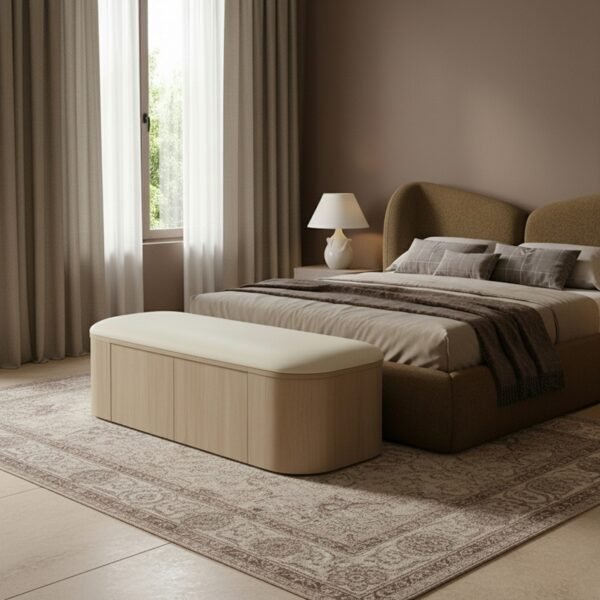 Modern Curved Storage Bench With Upholstered Seat And Cabinets