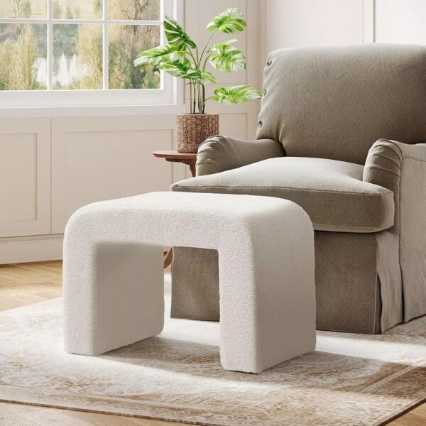 White Boucle Upholstered Vanity Stool with Modern Curved Square Design