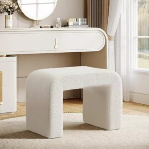 355 White Boucle Upholstered Vanity Stool with Modern Curved Square Design